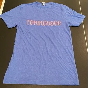 SMALL Bella Canvas Tennessee T-shirt. Red and white TN embroidery and blue tee.